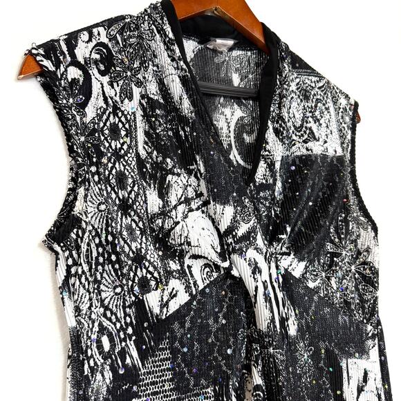 Vintage Brittany Black M Plisse Graphic Top Twist Whimsygoth Paisley Sequin 90s - Picture 2 of 7